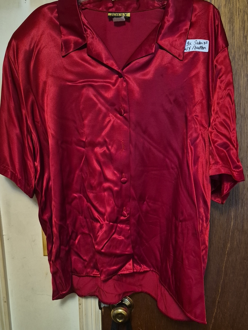 Women's Satin Short-Sleeve Button-Up Blouse - Red